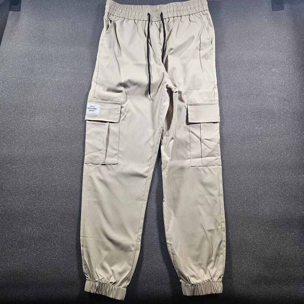 Beige Cargo Jogger Pants Elastic Waist Drawstring Utility Pockets